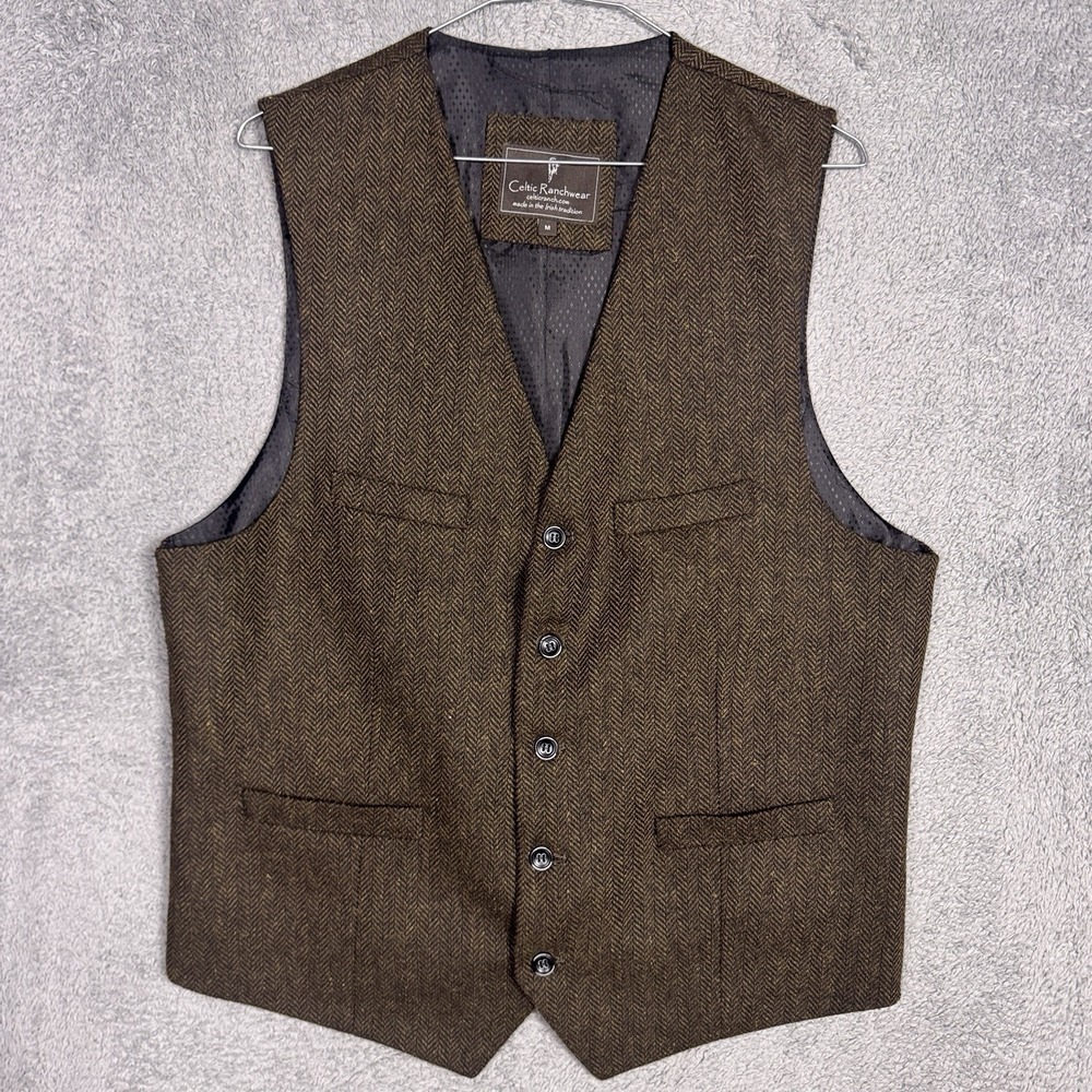 Celtic Ranchwear Herringbone Tweed Wool 5 Button Vest Brown Mens M Waistcoat